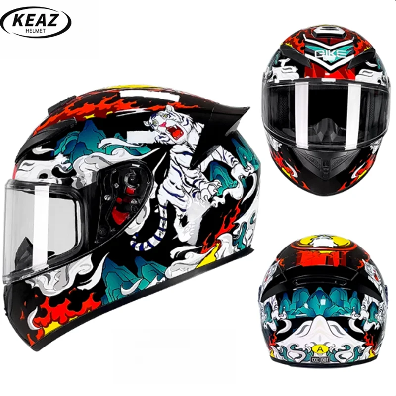 

KEAZ All-in-One Package White Tiger Graphics Full Face Motorcycle Helmet with Pre-Installed Bluetooth Security and Convenience