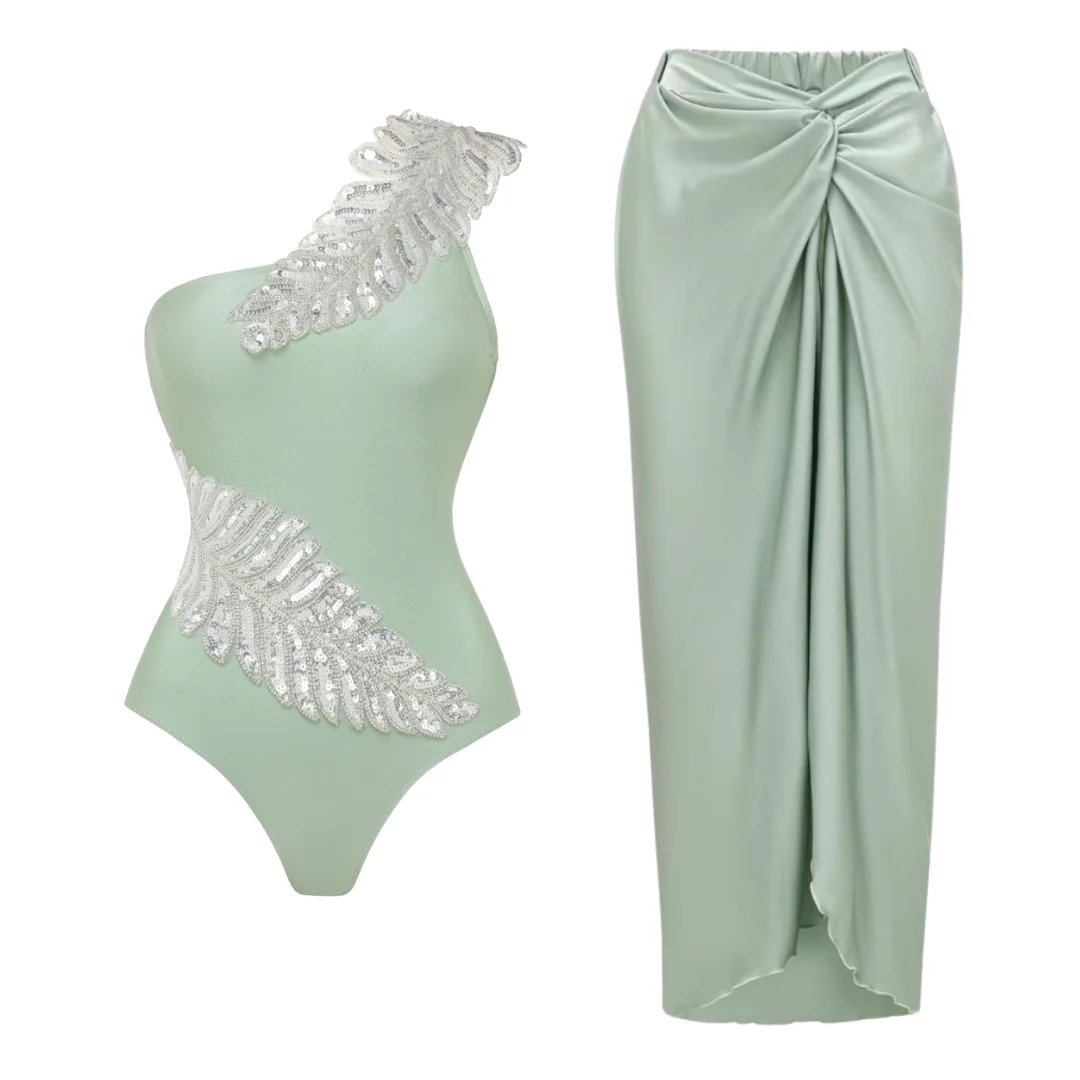 Women\'s Green Halter One Piece Swimsuit Set, Shiny Texture,  Swimwear, Beachwear, Bathing Suit, 2024