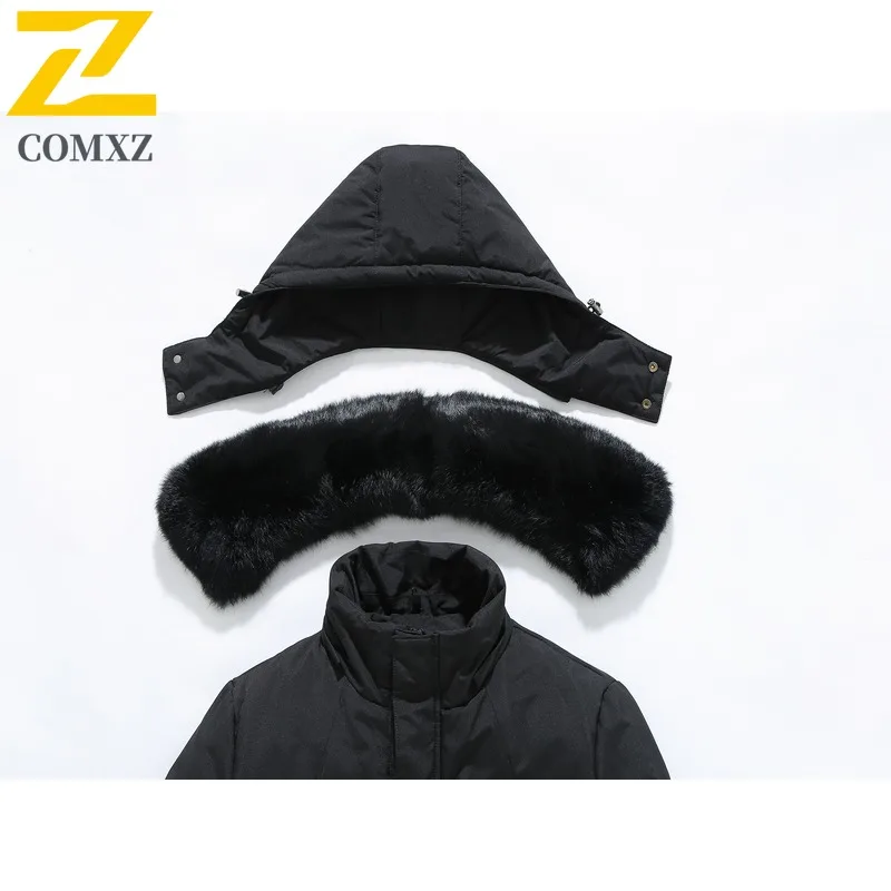 COMXZ 2025 Mens Winter stand Collar Hooded Thick Puffer Jacket American Style Waterproof and Windproof Long Outdoor Sports Coat