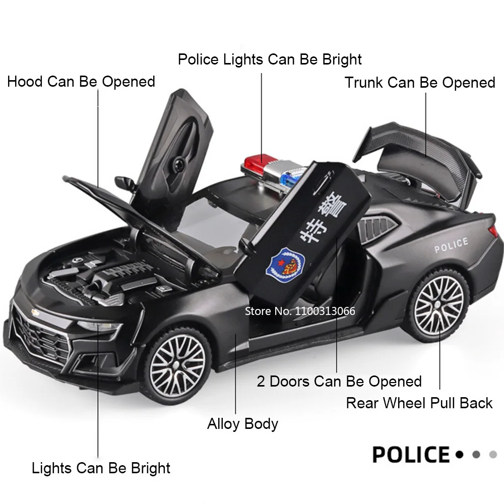 1:32 Chevrolet Camaro Police Car Models Toy Wheel Pull Back Miniature Model Rubber Tires Light Sound Vehicle Kids Birthday Gifts