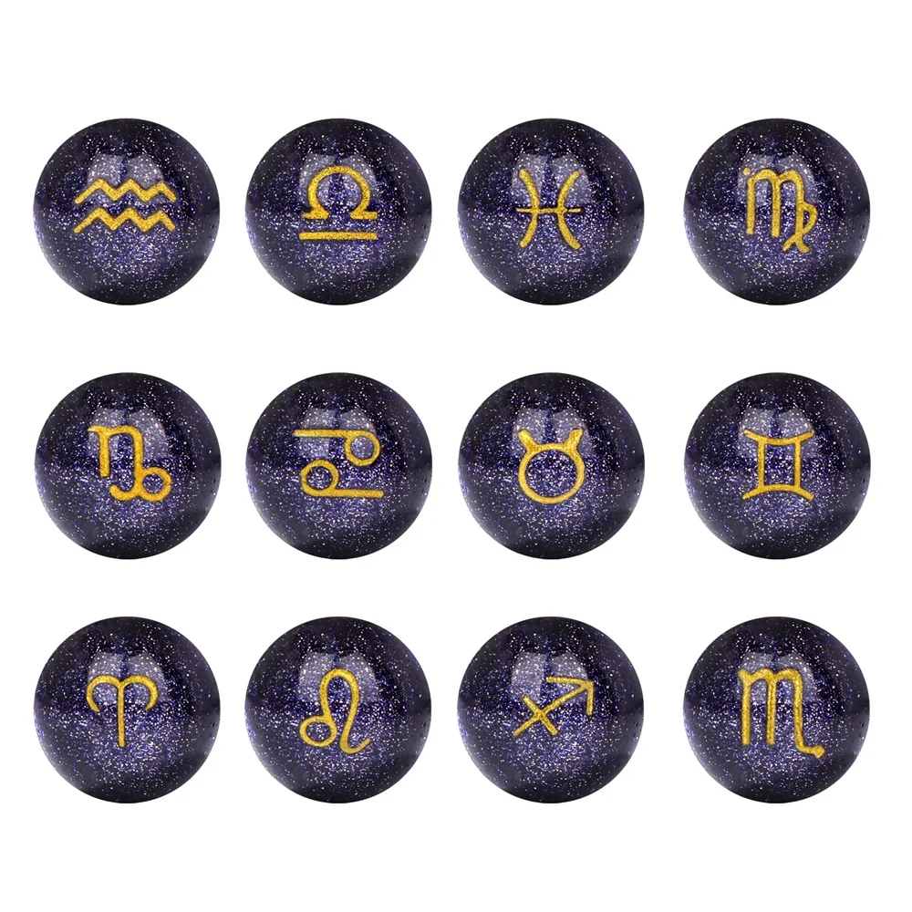 12Pcs Constellation Sign Beads Natural Stone Blue Sandstone Zodiac Charm For DIY Making Necklace Bracelet Birthday Jewelry