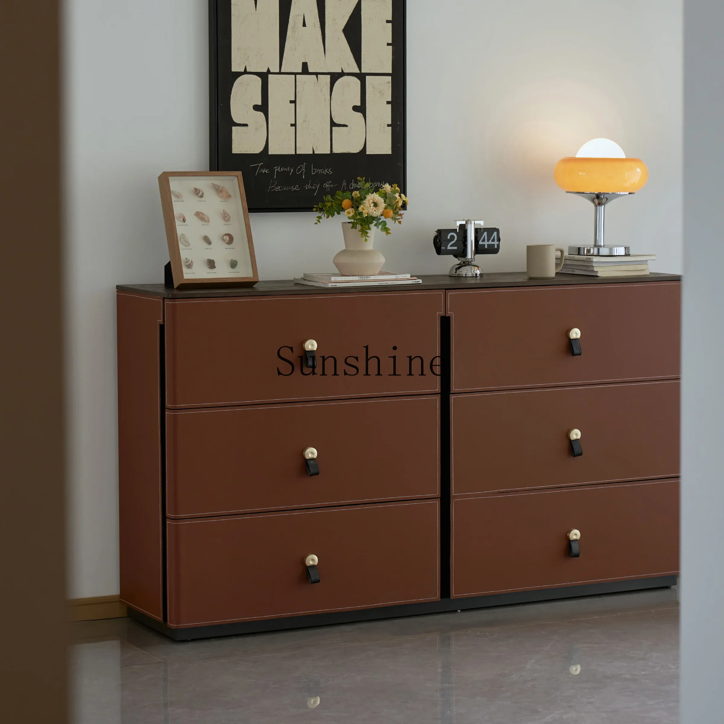Modern medieval saddle leather nine chest cabinet small apartment dining room storage side porch storage  FT