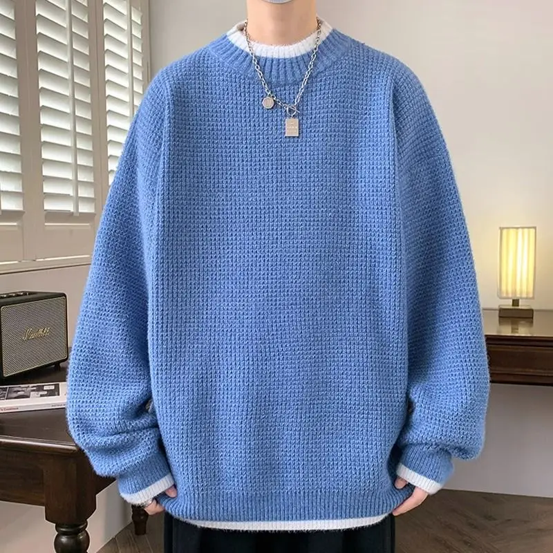 Fake Two Sweaters Men's Autumn and Winter Style Half High Neck Base Knit Sweater Men's Casual Loose and Simple White Top