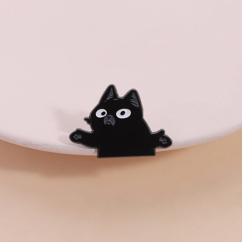 Funny Black Cat Shrugs Enamel Pin Cartoon Animal Body Language Brooch Lapel Backpack Badge Jewelry Gift for Cat Lover Friends ﻿