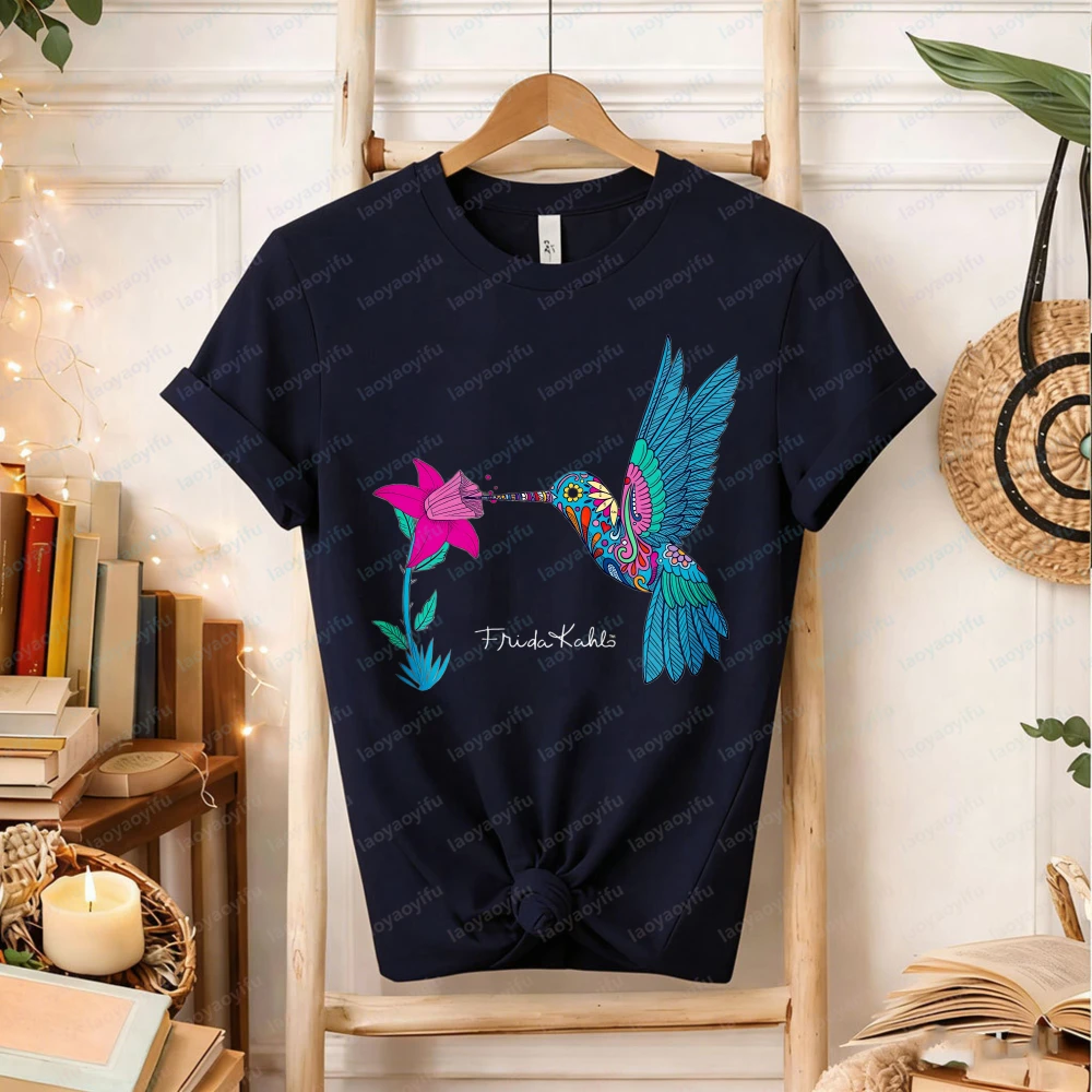 Frida Kahlo Hummingbird Floral T-Shirt Colorful Mexican Art Inspired Boho Cotton Tee Gift for Art Lovers gothic women clothes view 4