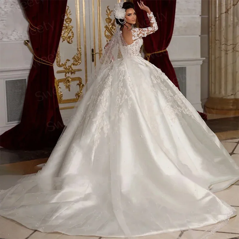 Vintage Wedding Dress Satin With  Embroidery Lace Princess Ball Gown O-Neck Full Sleeve Customized Bride Dress Vestido De Novia