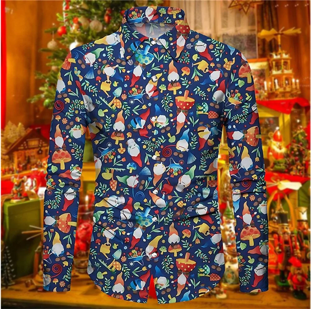 Chemise imprimée à manches longues pour hommes, cadeau de Noël 2023, robe de polo de rue, mode de fête décontractée, tissu doux confortable, haut S-6XL