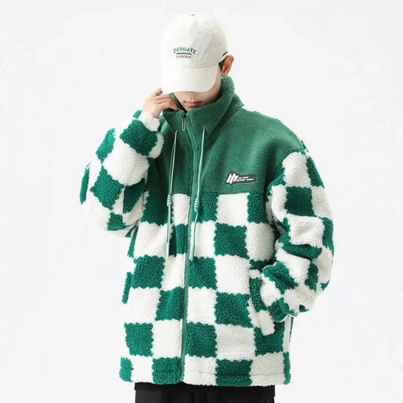 Men's Fleece Coat Women Loose Fashion Plaid Graphic Zipper Jacket Winter Soft Warm Harajuku Turtleneck Male Fleece Coats