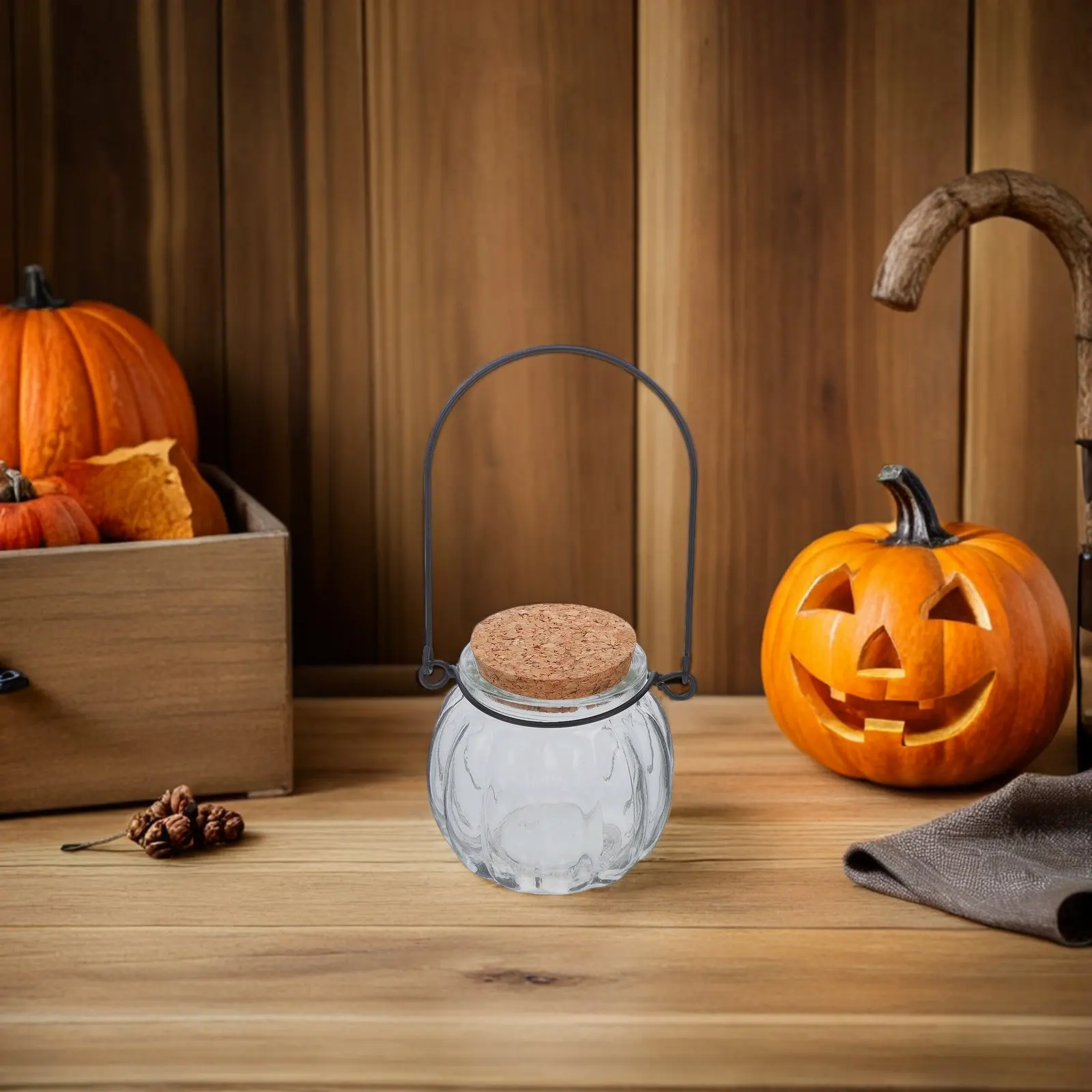 4Pcs Hanging Clear Glass Pumpkin Candy Jar Airtight Cork Stopper Decorative Storage Candy Holder Small Jar Small Vase view 2