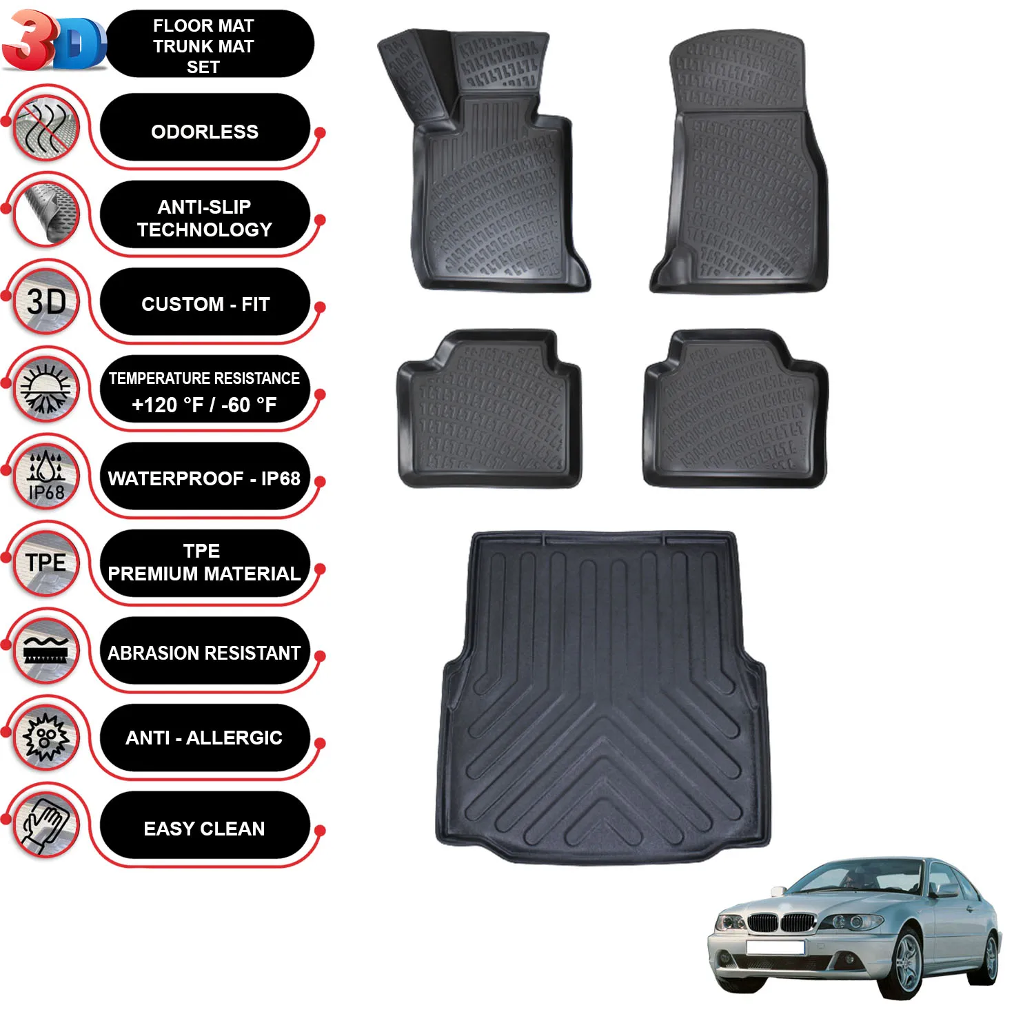 

BMW 3E46- (1997-2006) - Floor Mats + Cargo Trunk Liner - SET - (Black)