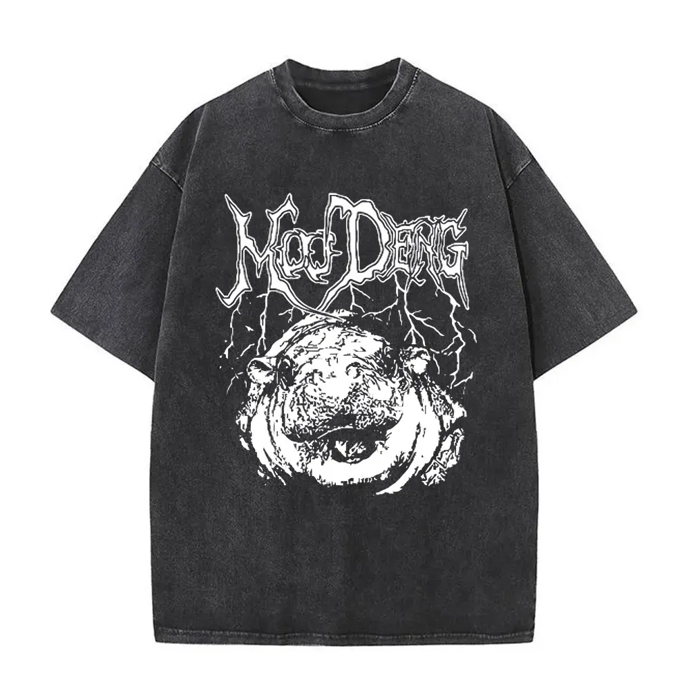 

Washed Vintage Moo Deng Hippo Gothic Rock Metal T Shirt Men Women Cute Funny Meme T Shirts Men's Oversized T-shirt Short Sleeve