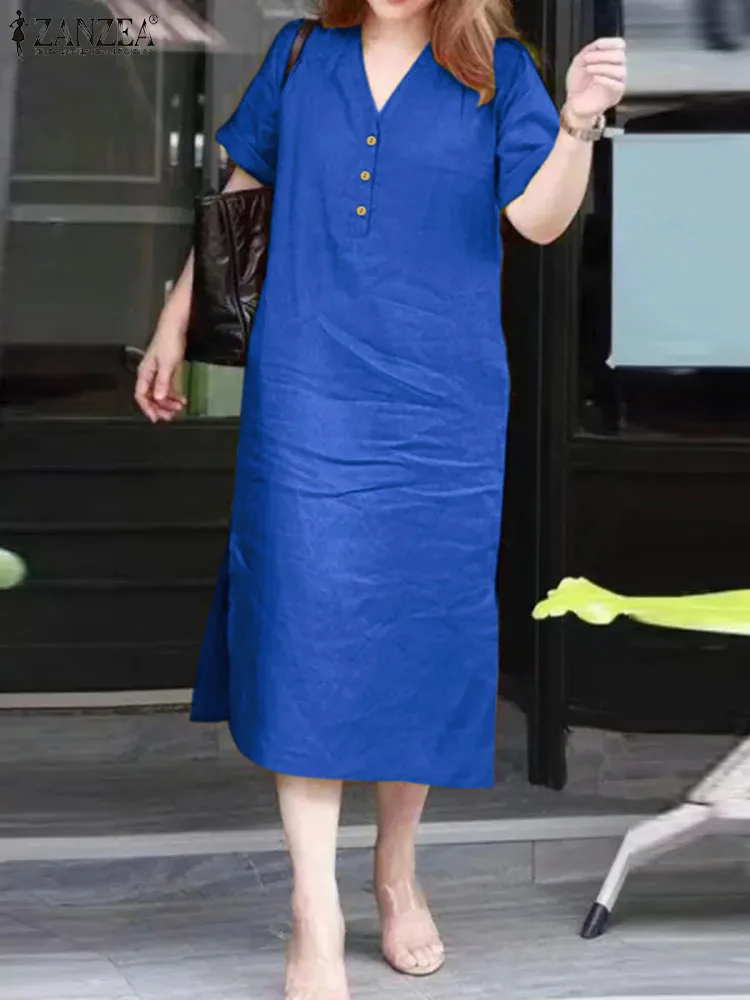 

Summer Women Shirt Dress 2024 ZANZEA Fashion Midi Vestidos Buttons V-neck Casual Loose Solid Color Party Sundress Oversized Robe