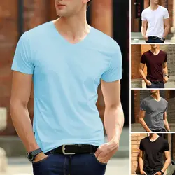 Men Brand Quality Cotton Short Sleeve Tshirt V Neck Fashion Slim Fit soild Tshirts Male Tops Tees