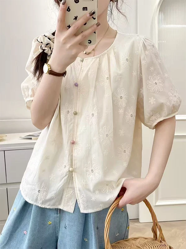 Coreano Sle rotondo Ne Ricamato irt Donna Estate Bubble Sve Anti-età Unico Piccolo Qualify Top Miscela di cotone ort S...