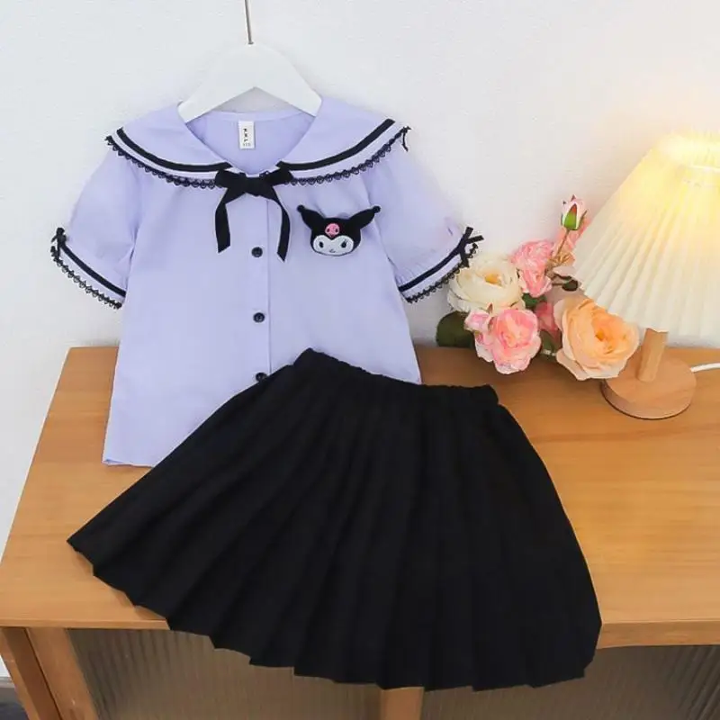 Kawaii Sanrios Kuromi Kinderen College Stijl Jurk Schattig Meisje Shirt Geplooide Rok Tweedelige Set Juniform Zomer Kinderkleding