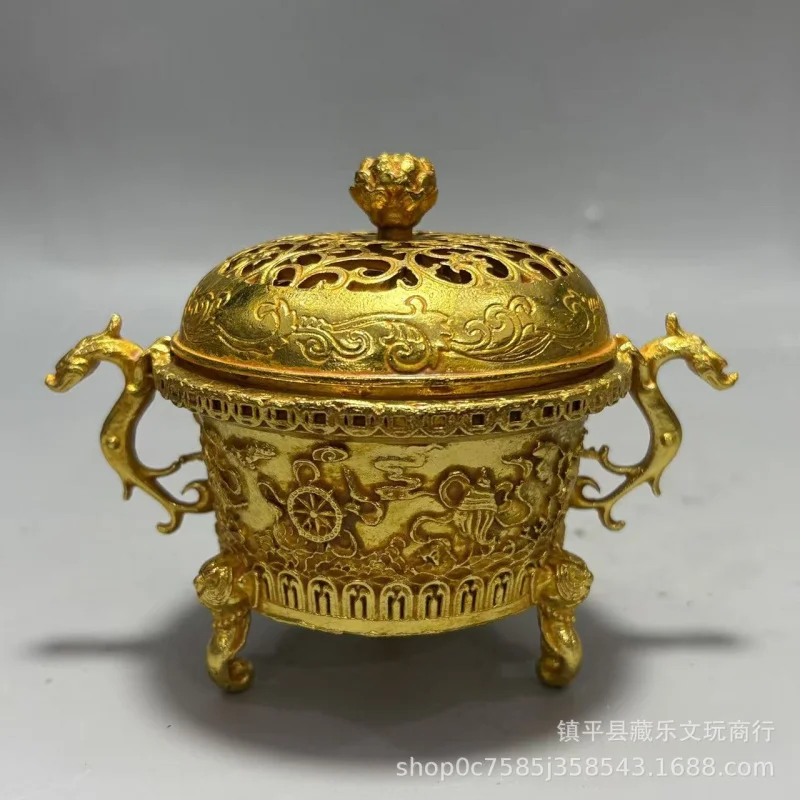 Antique Collection Gilt Three-Legged with Double Dragon Ears, Incense Burner, Craft, Home Decoration Ornament
