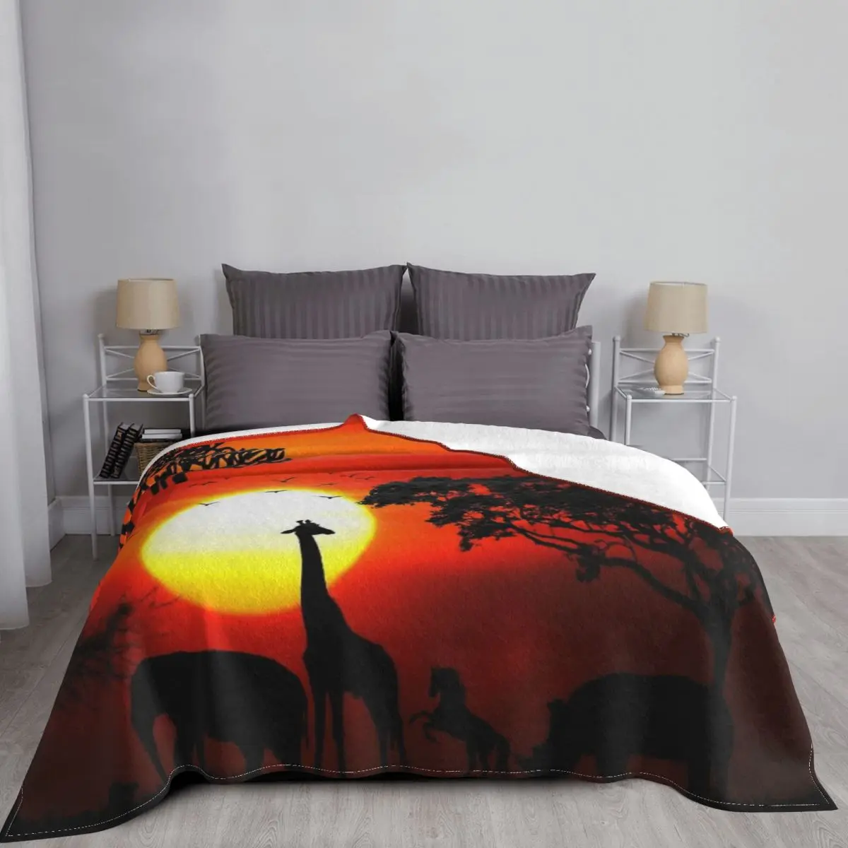 Wild Animals on African Savanna Sunset Bed Blankets Soft Cozy throw Blanket For Couch Portable Travel Flannel Blanket Cover