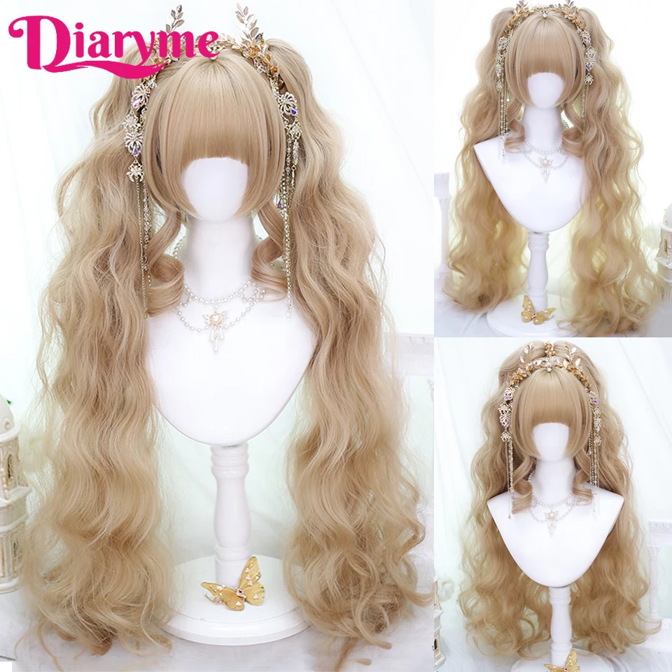 

Women Wigs Synthetic Lolita Long Curly Clip on Ponytails Cosplay Wig Blonde Pink Wigs Female Long Wavy Curly Ponytail Hair Wig