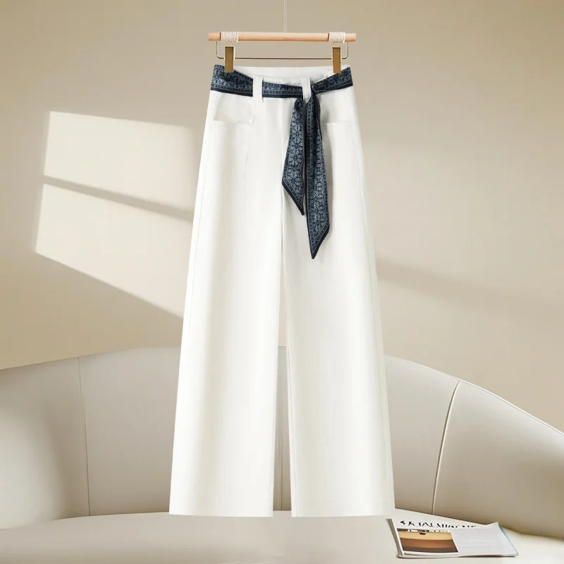 Celana Panjang Wanita High Waist Wide Leg Musim Gugur Terbaru, Longgar, Meniruskan, Model Draped Kasual, Fashionable, Serbaguna, dengan Pita, Model Lurus