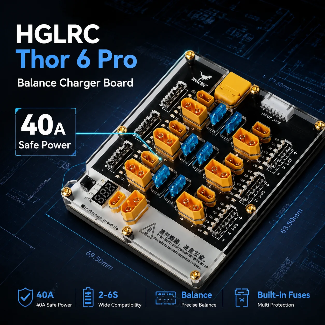 HGLRC Thor 6 Port Lipo Battery Balance Charger Board Pro 40A XT60 XT30 Integrated Discharger For 2-6S RC FPV Drone Battery New