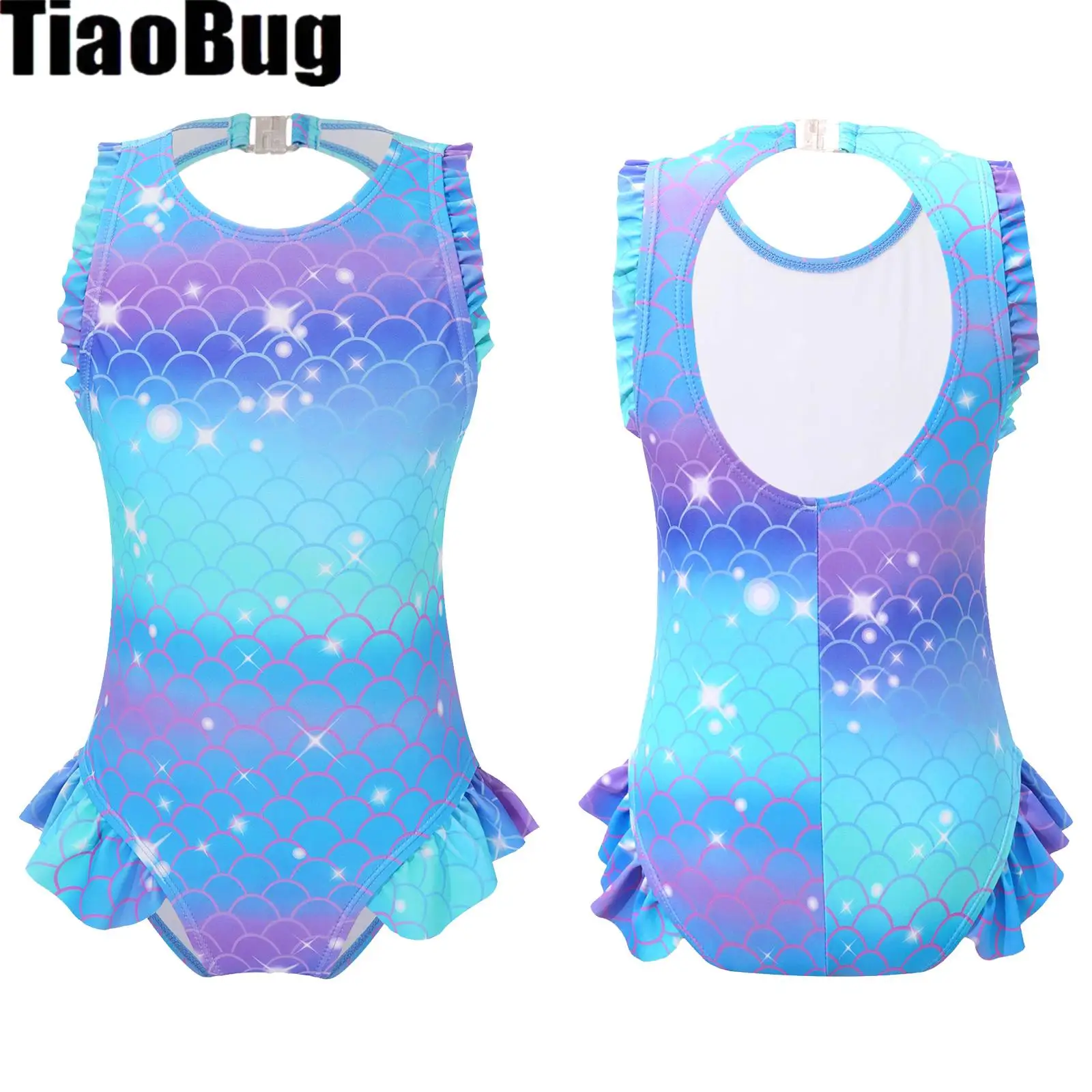 

Детский цельный купальник для девочек с принтом в виде рыбьей чешуи, комбинезон с оборками и открытой спиной, купальный костюм с юбкой-годе, пляжный спортивный купальник