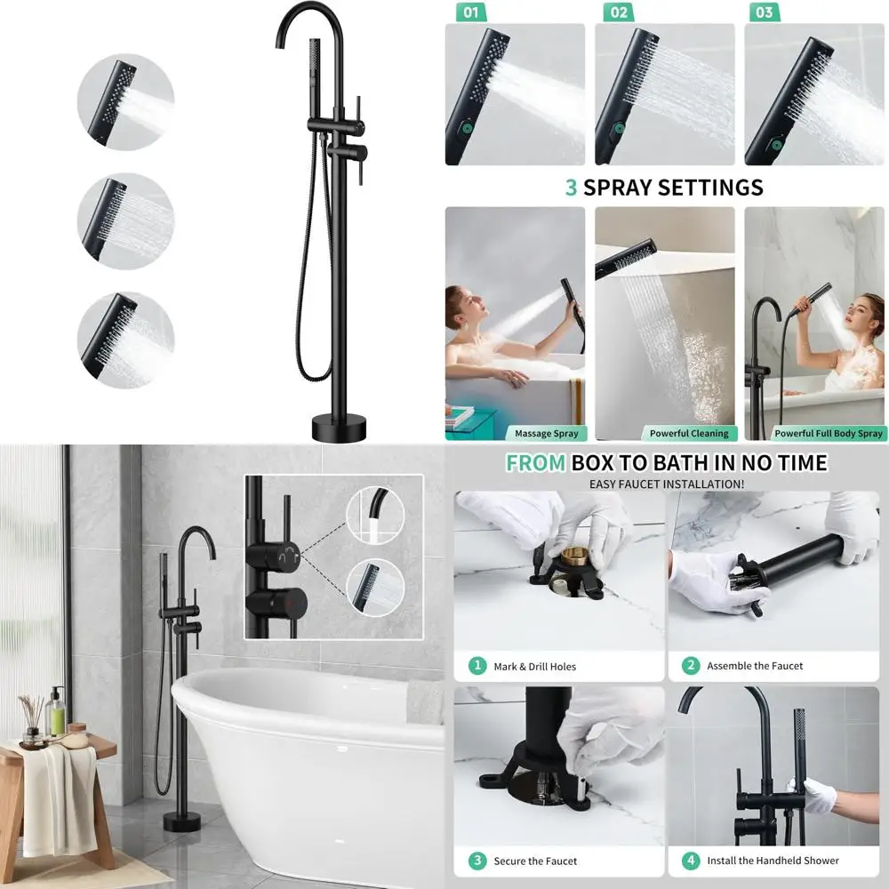 

Freestanding Bathtub Faucet Set with High Flow Matte Black Floor Mount Tub Filler and 3-Function Handheld Shower Head