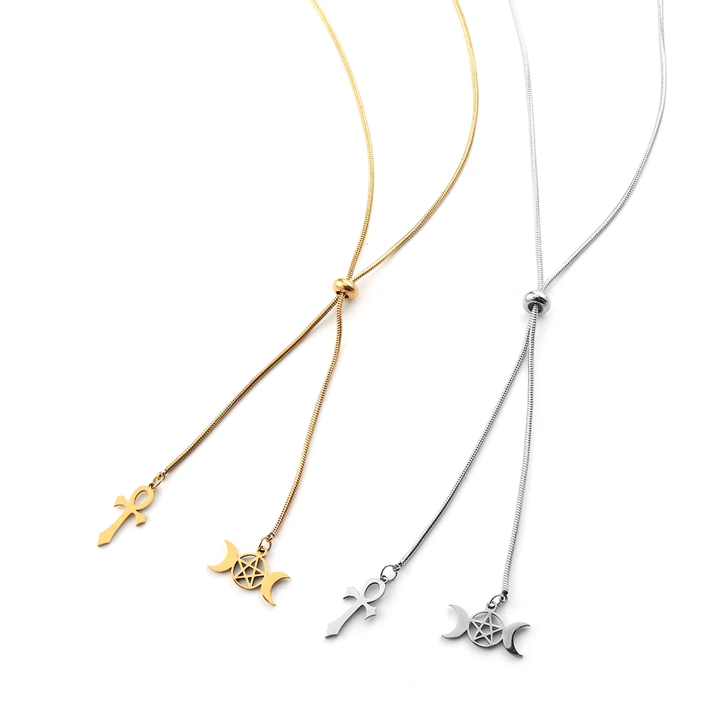 Egypt Ankh Cross Witch Triple Moon Pentagram Pendant Necklace Stainless Steel Gold Color Adjustble Amulet Lariat Chain Jewelry
