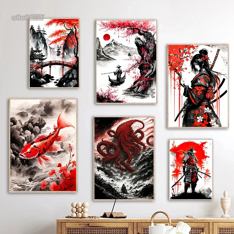 Pinturas japonesas antiguas, lienzo, imágenes artísticas de pared, patillas de pescador samurái, arte abstracto japonés, carteles en lienzo, decoración del hogar