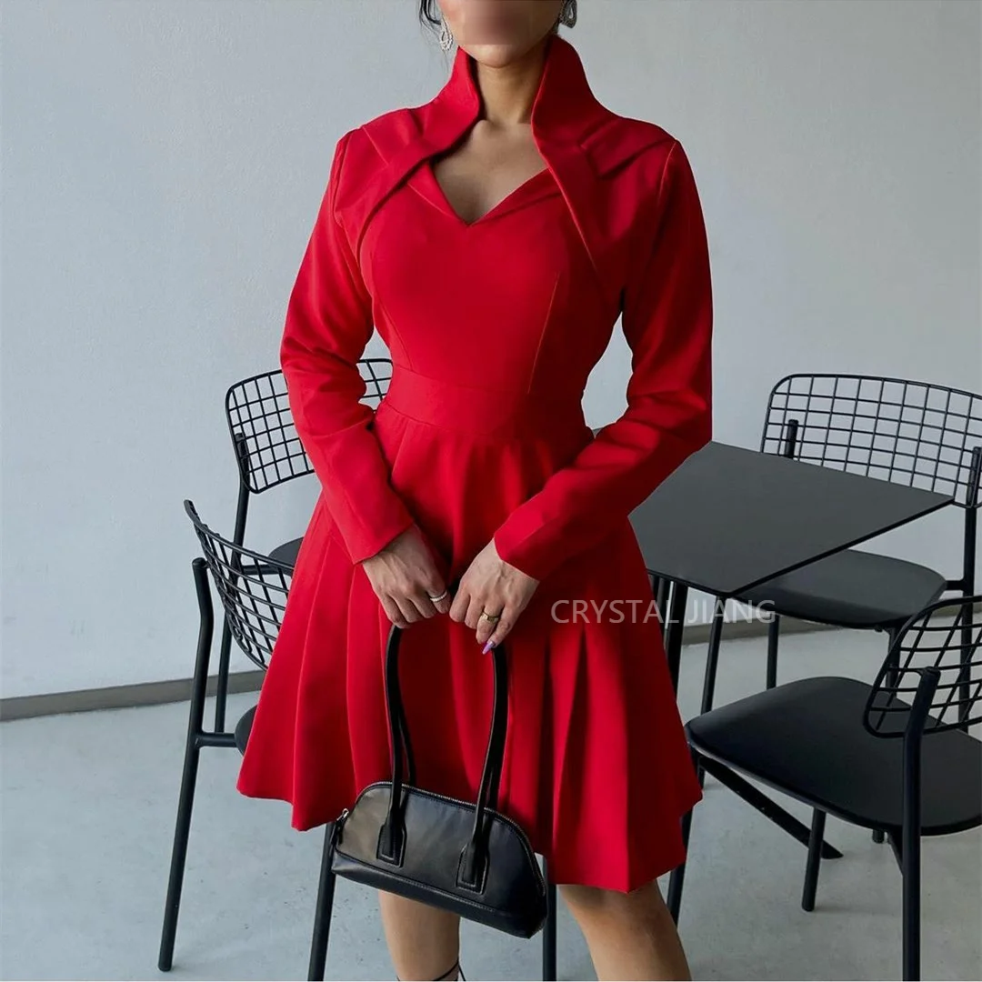 Vestido de noche rojo con cuello alto y crepé para mujer, vestido de fiesta hasta la rodilla, Sexy