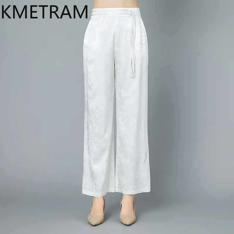 KMETRAM 90% Real Mulberry Silk Trousers Women 2026 Summer High-end Jacquard Casual Straight-leg Pants Female Clothing Ropa Mujer