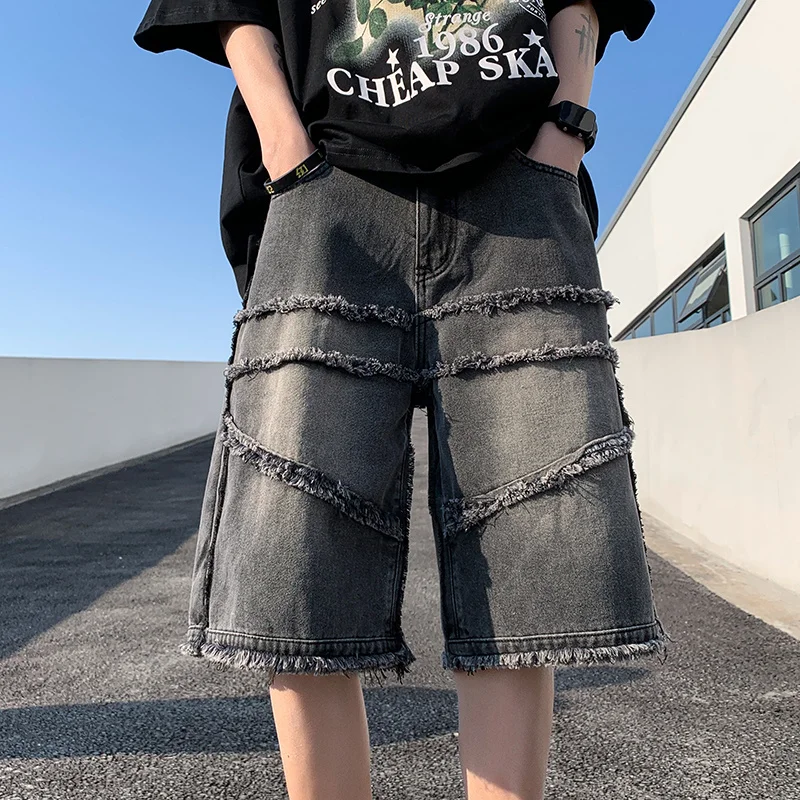 

American High Street Men's Wide Leg Denim Shorts Summer 2023 New Fashion Casual Baggy Short Jeans Male Chic Burrs Clothes