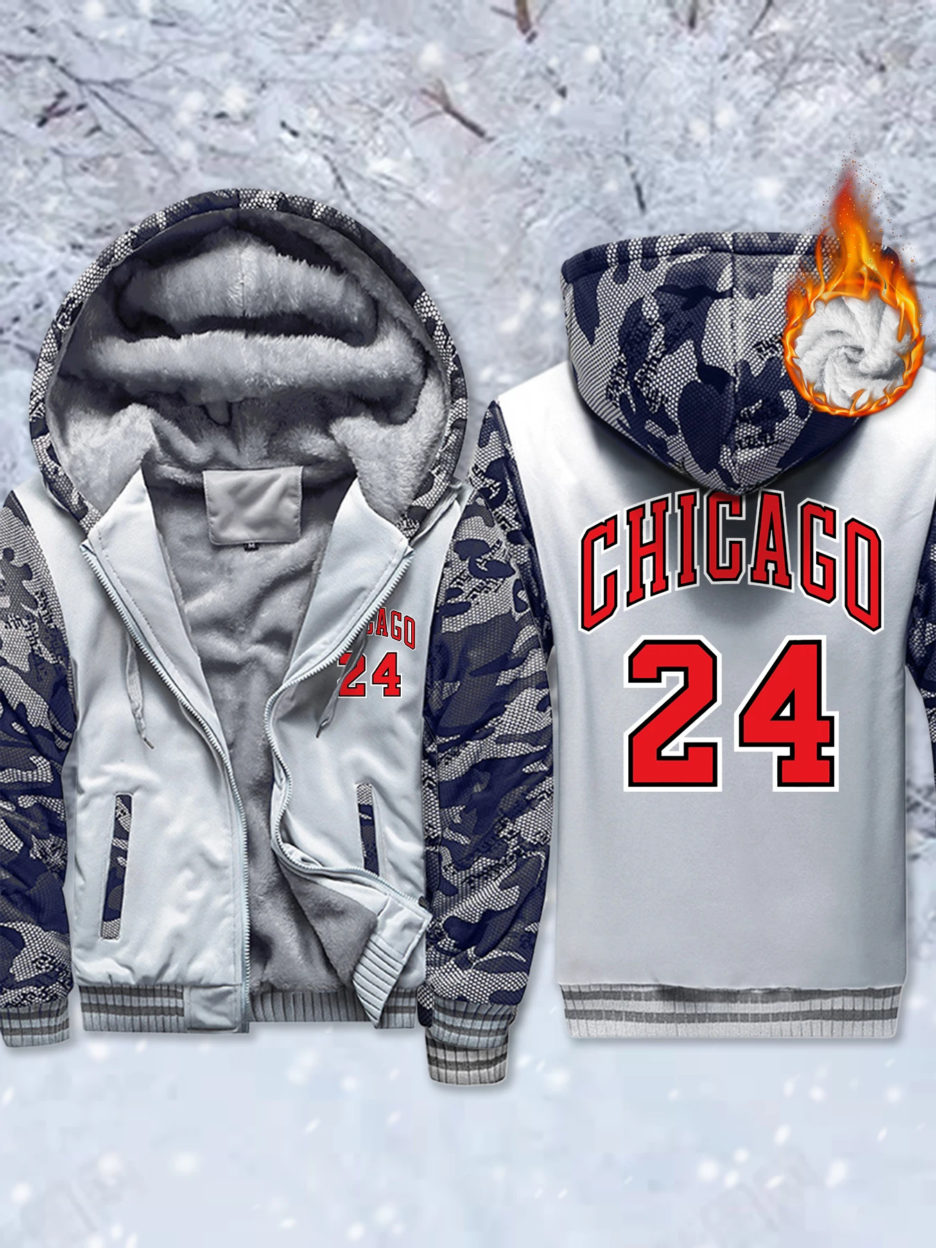 

Chicago Number 24 Letter Printing Basics Warm Jackets Men'S Winter Thicken Coat Fleece Fashion Hoodie Comfy Zipper Sportswear