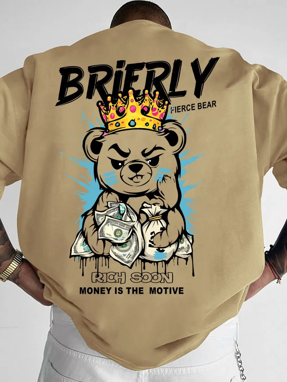 تي شيرت رجالي صيفي أمريكي الثروة تيدي بير مطبوع عليه حروف مريحة قابلة للتنفس برقبة دائرية في الهواء الطلق #6