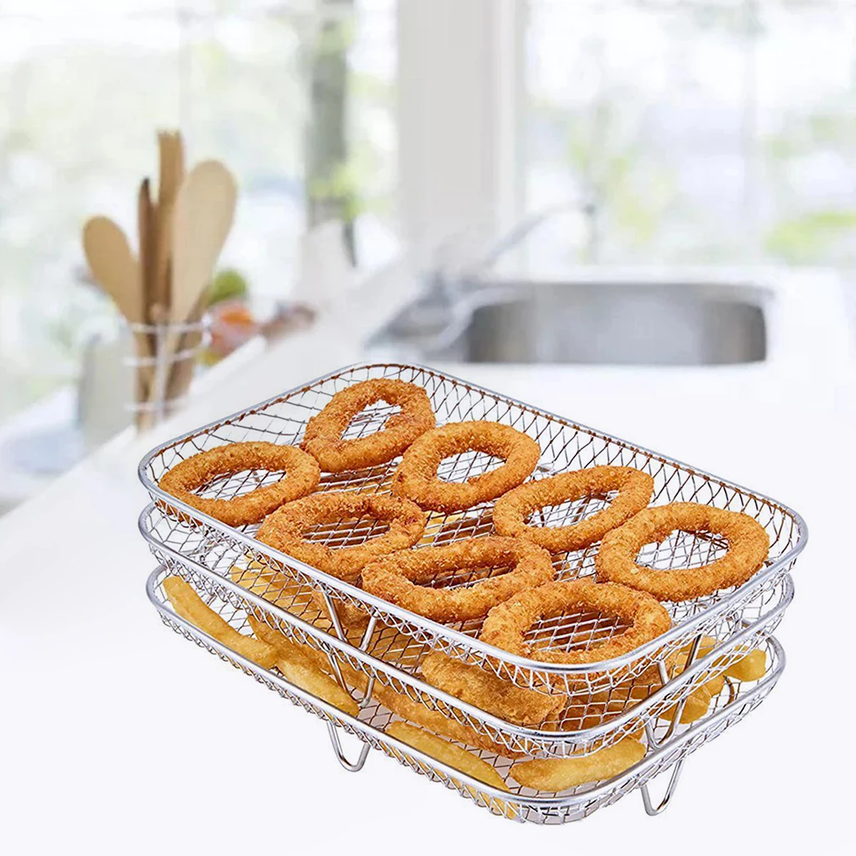 3 layers Air Fryer Racks 304 Stainless Steel Air Fryer Basket Tray and Steaming Racks Baking Pan Cooker Accessories Cooking Tool