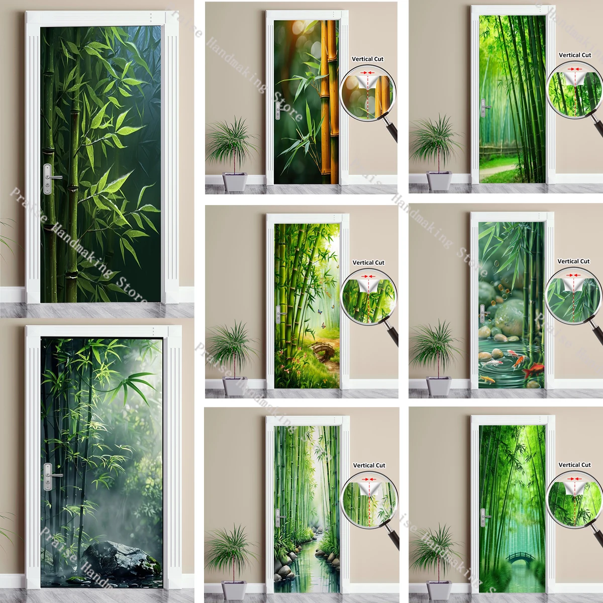 

Fresh Green Bamboo Door Stickers PVC Waterproof Removable Wallpaper Natural Forest System Bedroom Decoration Stickers