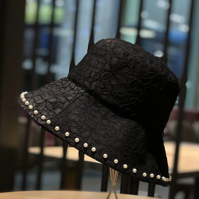 Fashion Women Lace Pearl Bucket Hats Summer Autumn Women Street Style Harajuku Print Outdoor Sunscreen Travel Hunting Cap Gift