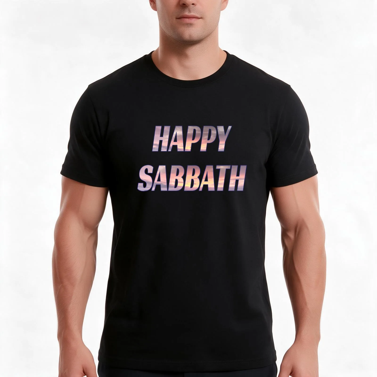 Happy Sabbath Sunset Text Art - Two Lines - Adventist Sabbath Greeting T-Shirt, Summer Casual Cotton Tee, Vintage Graphic Print