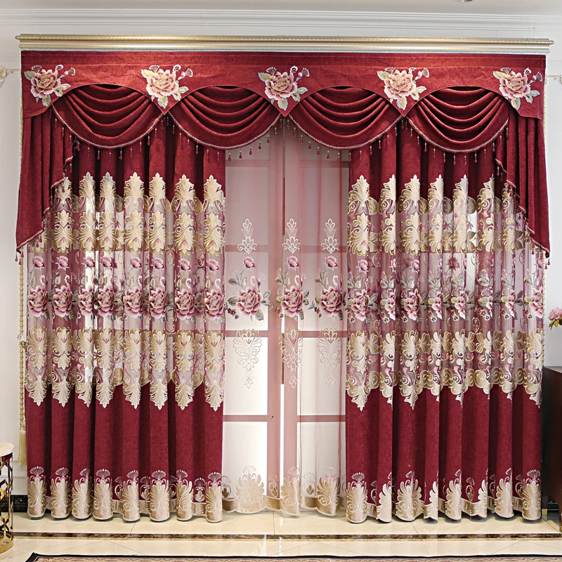 

Custom curtain Chenille cashmere embroidered luxury hollowed out red drapery cloth blackout curtain tulle valance drape C1280