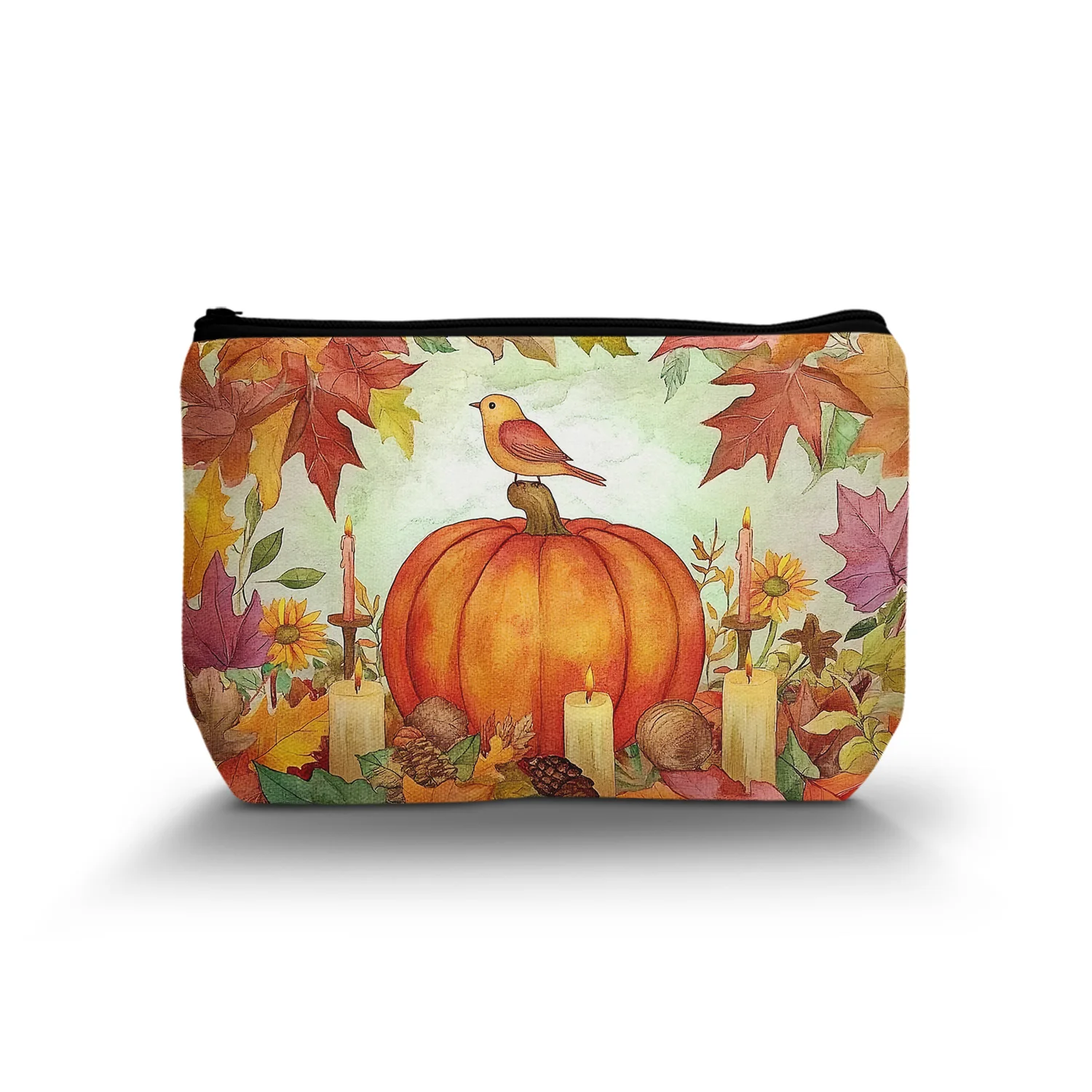 1Pc Halloween Pumpkin Cosmetic Bag With Bird And Maple Leaf Pattern Portable Cosmetic Bag For Women