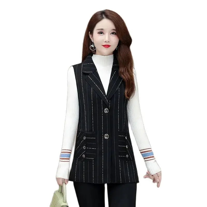 

New 2022 Spring Autumn Vest Women's Waistcoat Top Middle Aged Mom Short Suit Vest Jacket Elegant Casual Stripe Vest Female 6XL