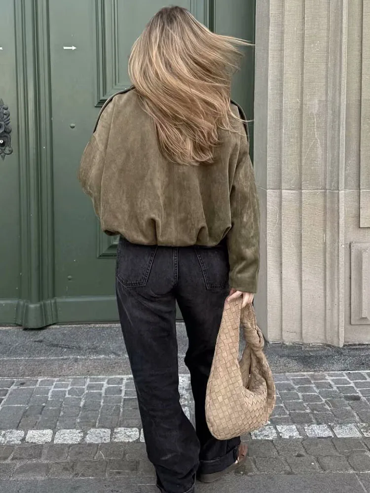 Chaqueta Bomber holgada de primavera para mujer, abrigos de moda 2025, chaquetas de calle elegantes de gamuza de manga larga lisas para mujer, prendas de vestir exteriores