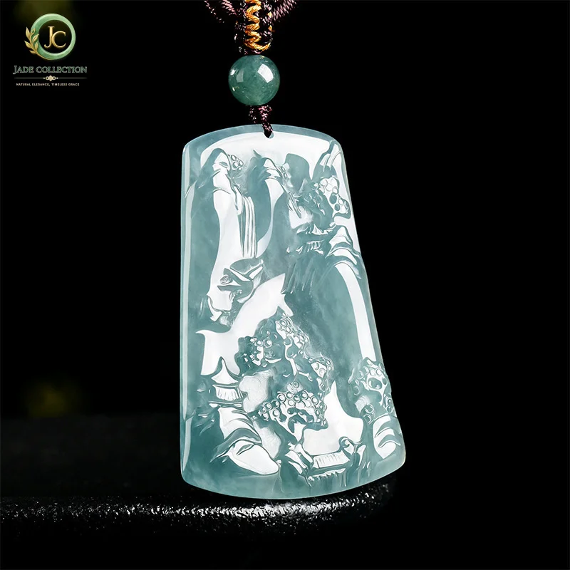 High-end naturalaJadeite blue water landscape pendant with artistic conception, ice-waxy jadeite pendant for men and women