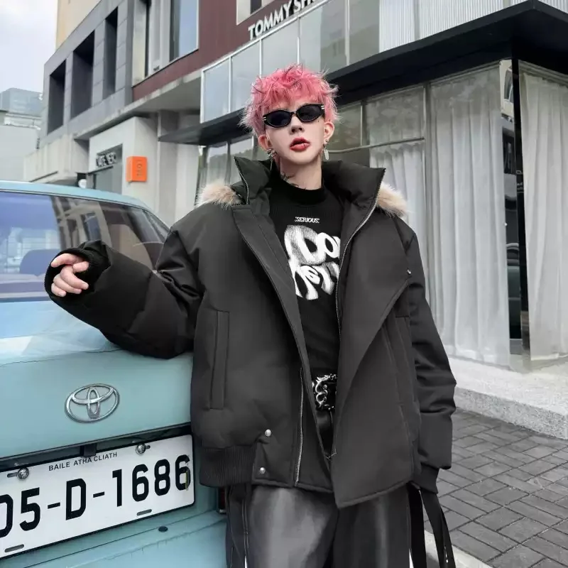 

2025 Winter New Style Stand Fur Collar Hooded Loose Thicken Padded Coat Solid Color Casual Streetwear Parka Jacket
