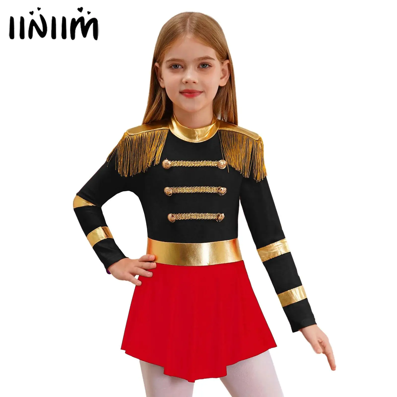 

Girls Circus Ringmaster Cosplay Costume Lion Tamer Showman Outfits Fringe Epaulet Jumpsuit Performance Bodysuit Dress