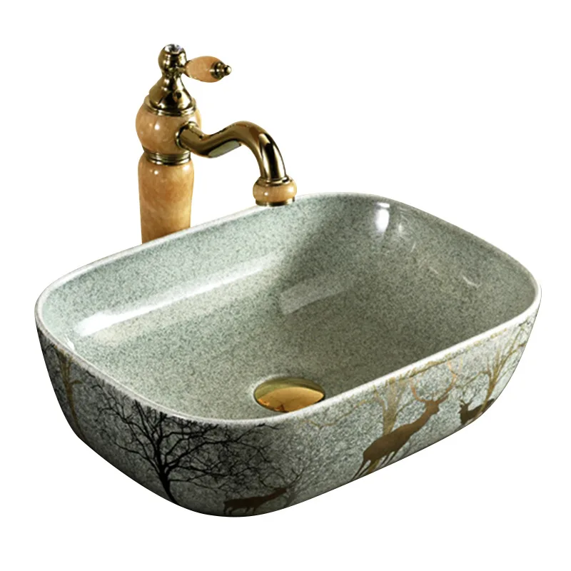 Retro artist household stage basin carved pattern oval ceramic hand wash basin balcony single basin