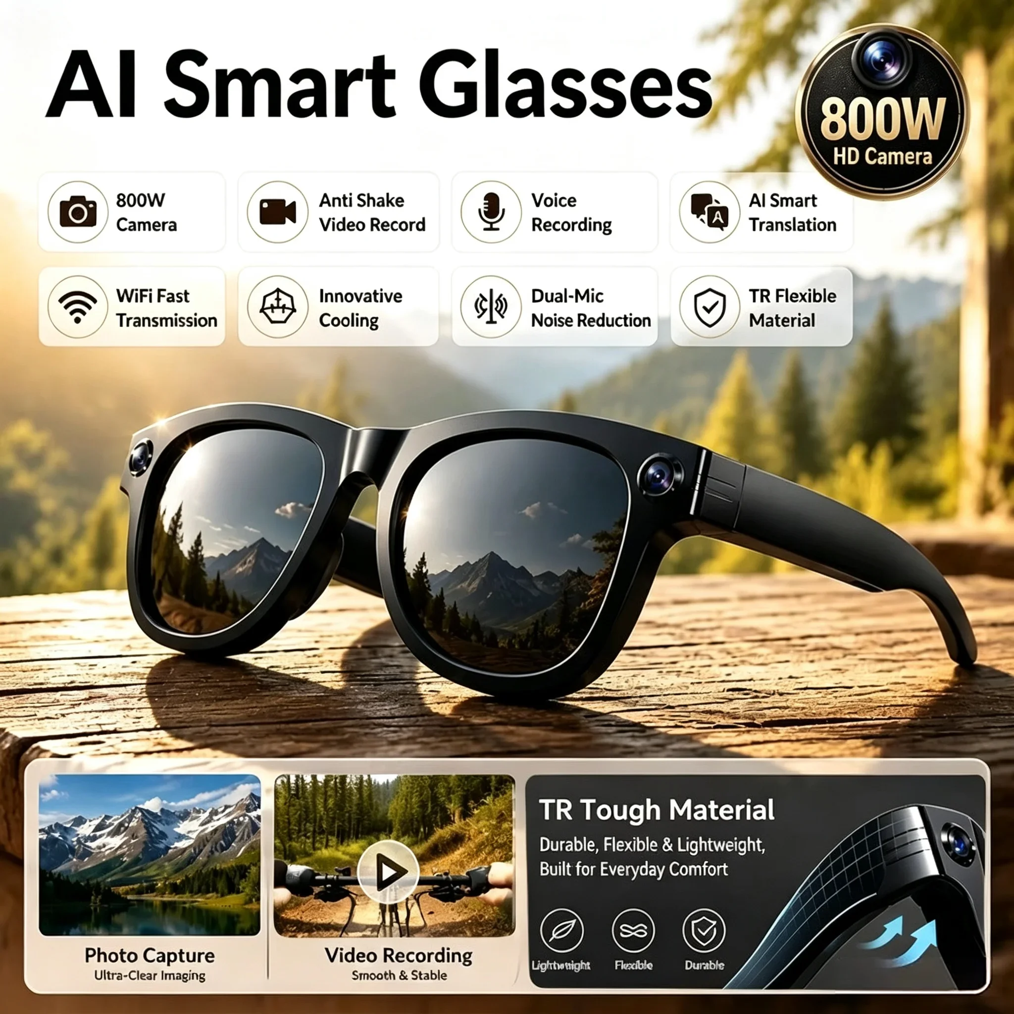 Photochromic Smart Glasses for Men with 8MP HD Camera 1080P Video AI Translation Chat Image Recognition Call Function