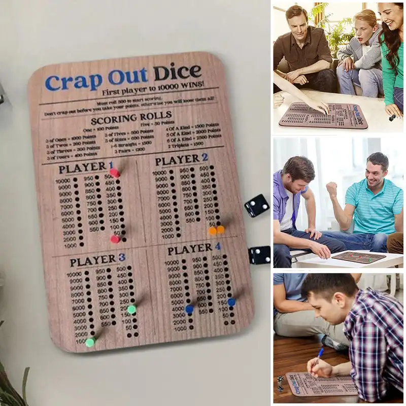 Crap Out Dice Scoreboard Family Game Tray Shaped Dice Board Game Dice Games Fun Scoreboard Wooden Dice Games