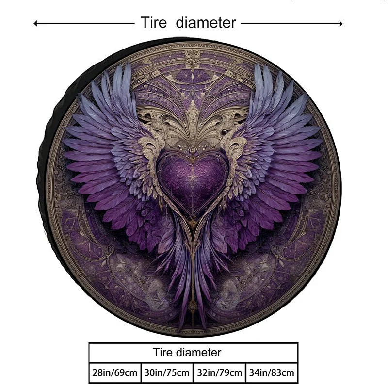 Polyester Fiber Car Tire Cover With Round And Heart-Shaped Wing Art Patterns In Black And Golden Colors, Available In Multiple S