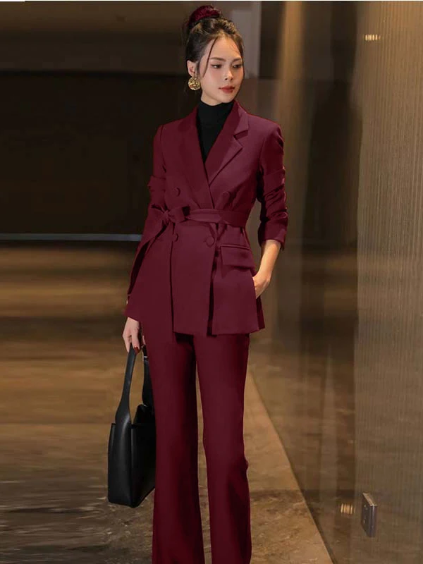

Spring Commute Fashion Suit Set with Belt Double Row Buttons Slimming Pants Two Piece Set Elegant Style Casual Workwear