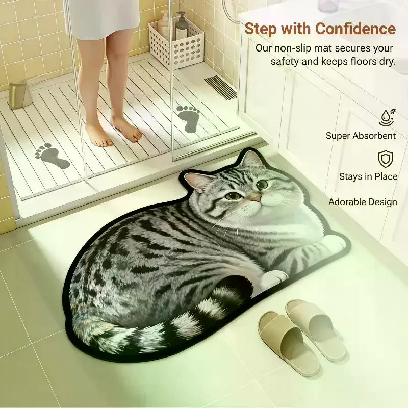 Diatomite Bath Mat With Cute Cat Print Non Slip Super Absorbent For Bathroom Shower Entry Home Decor